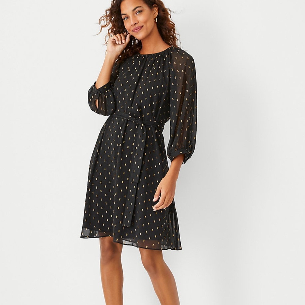 Ann Taylor Mettalic Clip Belted Flare Dress, Sz XXS